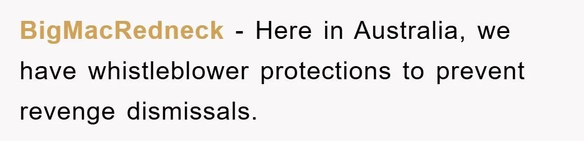 BigMacRedneck − Here in Australia, we have whistleblower protections to prevent revenge dismissals.