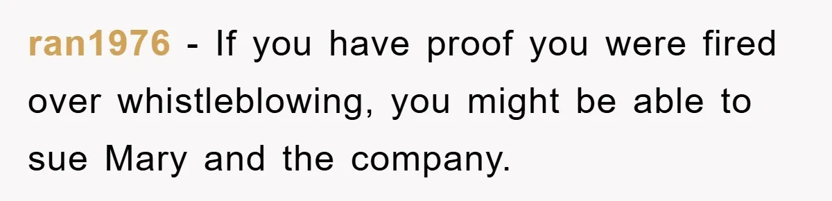 ran1976 − If you have proof you were fired over whistleblowing, you might be able to sue Mary and the company.