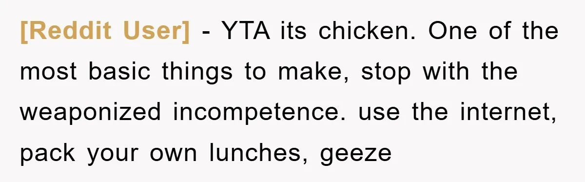 [Reddit User] - YTA its chicken. One of the most basic things to make, stop with the weaponized incompetence. use the internet, pack your own lunches, geeze
