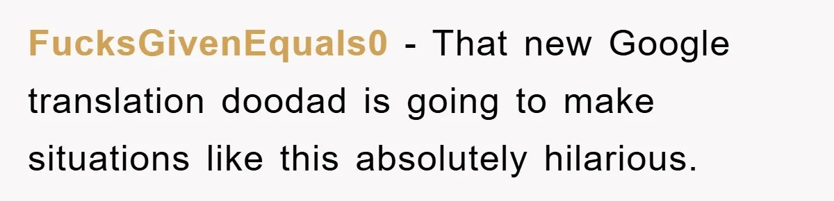 FucksGivenEquals0 - That new Google translation doodad is going to make situations like this absolutely hilarious.