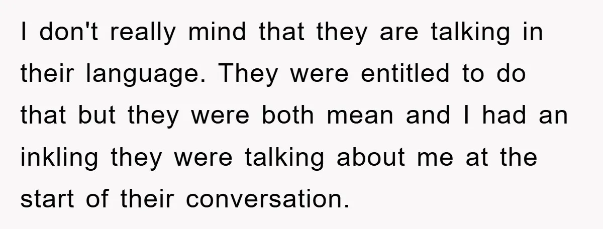 I don't really mind that they are talking in their language. They were entitled to do that but they were both mean and I had an inkling they were talking...