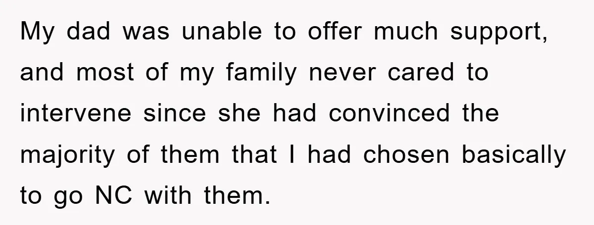 My dad was unable to offer much support, and most of my family never cared to intervene since she had convinced the majority of them that I had chosen basically...