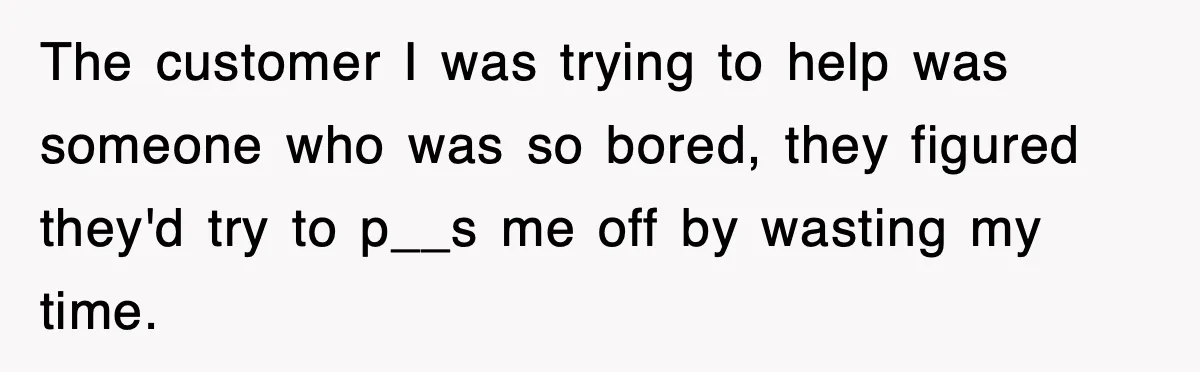 The customer I was trying to help was someone who was so bored, they figured they'd try to p__s me off by wasting my time.