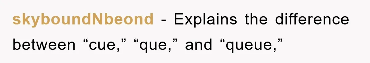 skyboundNbeond − Explains the difference between “cue,” “que,” and “queue,”