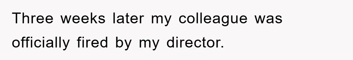 Three weeks later my colleague was officially fired by my director.