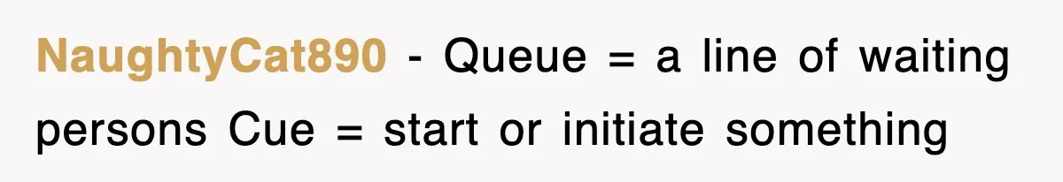 NaughtyCat890 − Queue = a line of waiting persons Cue = start or initiate something
