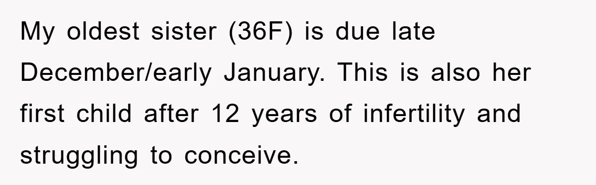 My oldest sister (36F) is due late December/early January. This is also her first child after 12 years of infertility and struggling to conceive.