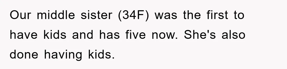 Our middle sister (34F) was the first to have kids and has five now. She's also done having kids.