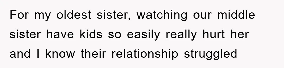For my oldest sister, watching our middle sister have kids so easily really hurt her and I know their relationship struggled