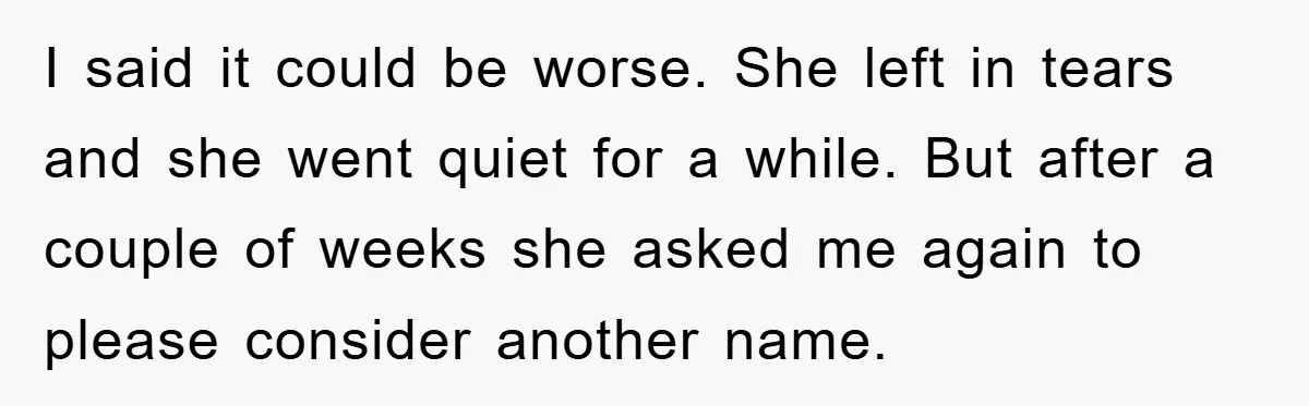 I said it could be worse. She left in tears and she went quiet for a while. But after a couple of weeks she asked me again to please consider...