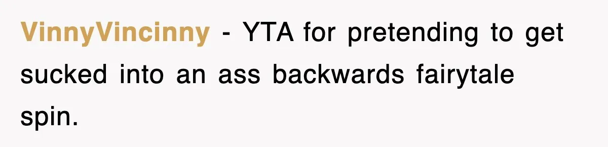 VinnyVincinny − YTA for pretending to get sucked into an ass backwards fairytale spin.