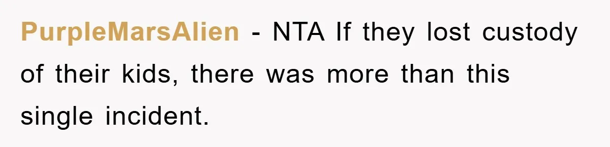PurpleMarsAlien - NTA If they lost custody of their kids, there was more than this single incident.