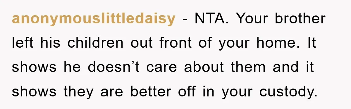 anonymouslittledaisy - NTA. Your brother left his children out front of your home. It shows he doesn’t care about them and it shows they are better off in your custody.
