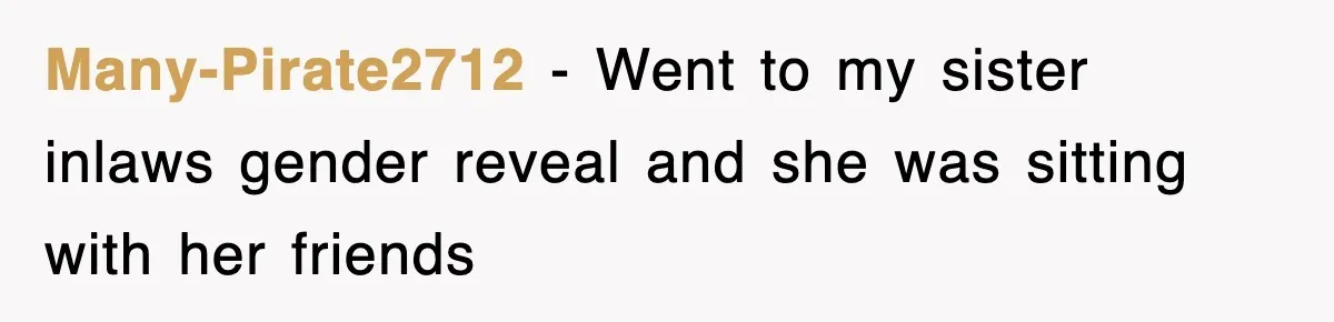 Many-Pirate2712 − Went to my sister inlaws gender reveal and she was sitting with her friends