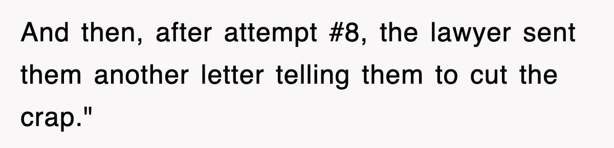 And then, after attempt #8, the lawyer sent them another letter telling them to cut the crap."
