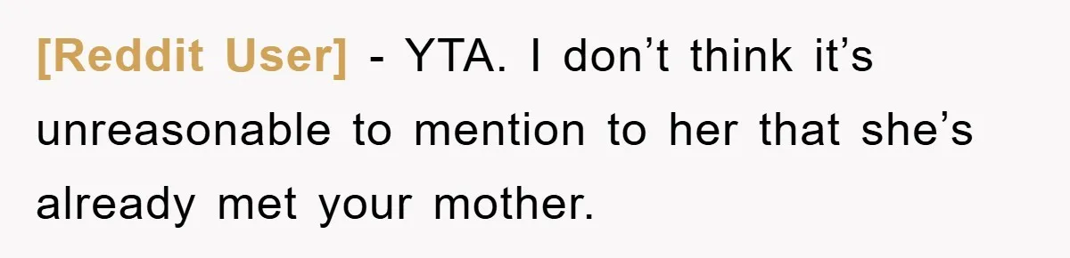 [Reddit User] − YTA. I don’t think it’s unreasonable to mention to her that she’s already met your mother.
