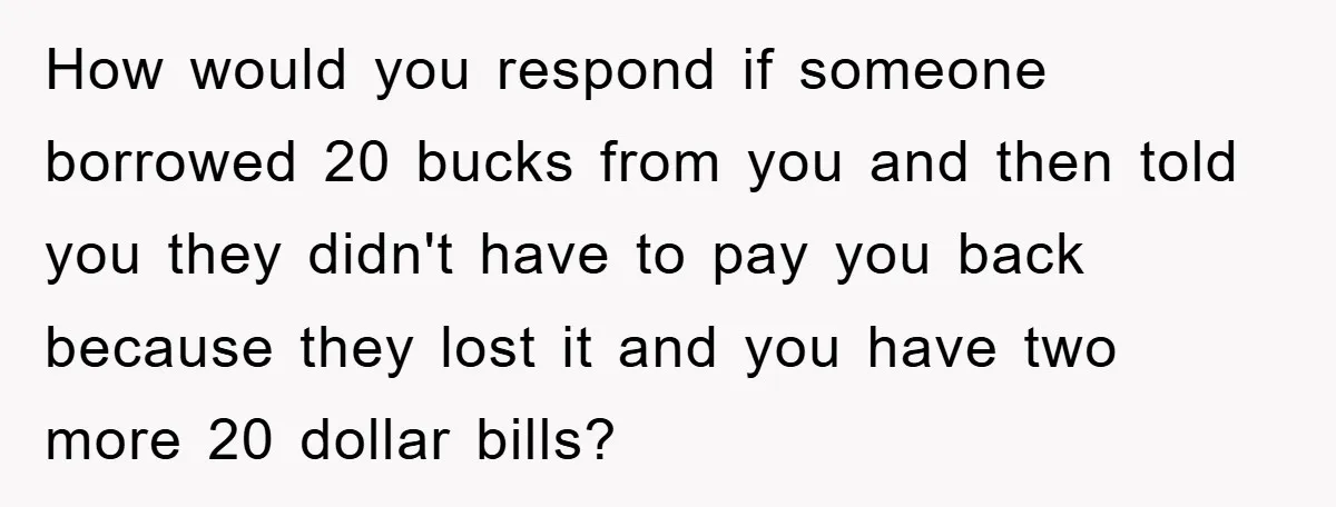 How would you respond if someone borrowed 20 bucks from you and then told you they didn't have to pay you back because they lost it and you have two...