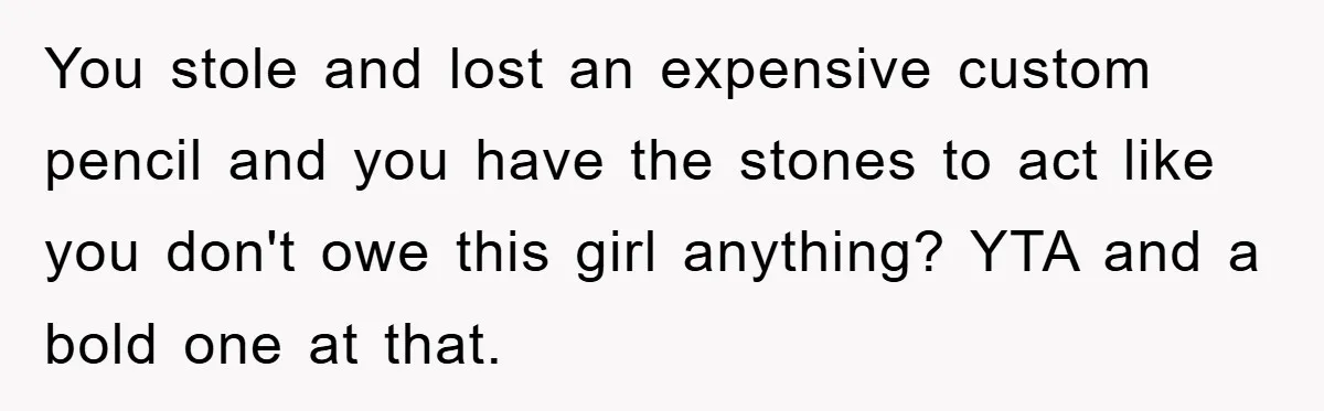 You stole and lost an expensive custom pencil and you have the stones to act like you don't owe this girl anything? YTA and a bold one at that.