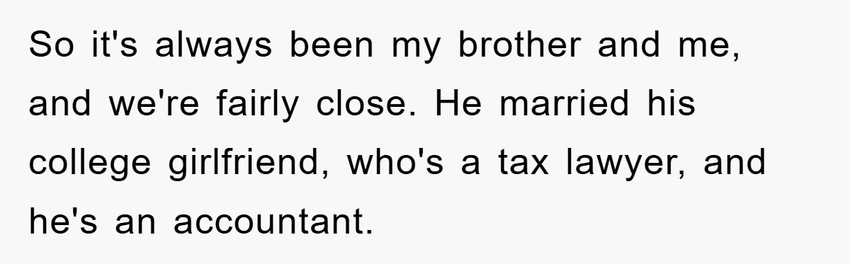 Woman’s Sister-In-Law Couldn’t Stop Making Snide Remarks, Until One Poolside Comment Went Too Far So it's always been my brother and me, and we're fairly close. He married his college girlfriend, who's a tax lawyer, and he's an accountant.