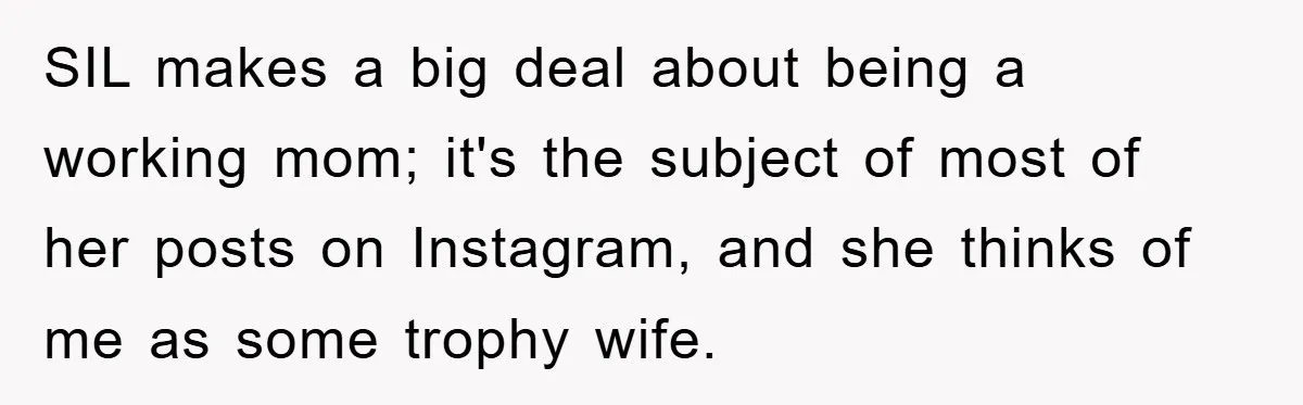 Woman’s Sister-In-Law Couldn’t Stop Making Snide Remarks, Until One Poolside Comment Went Too Far SIL makes a big deal about being a working mom; it's the subject of most of her posts on Instagram, and she thinks of me as some trophy wife.