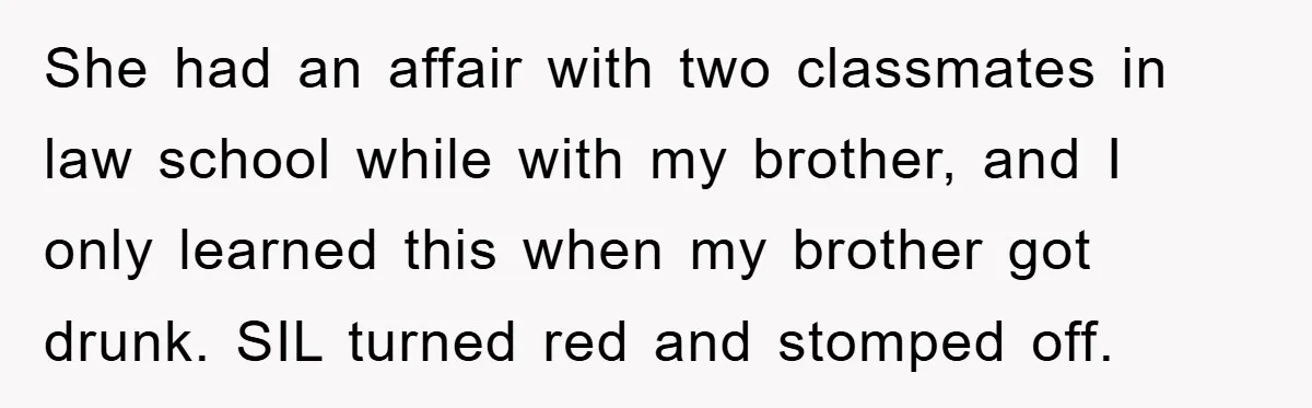 Woman’s Sister-In-Law Couldn’t Stop Making Snide Remarks, Until One Poolside Comment Went Too Far She had an affair with two classmates in law school while with my brother, and I only learned this when my brother got drunk. SIL turned red and stomped off.