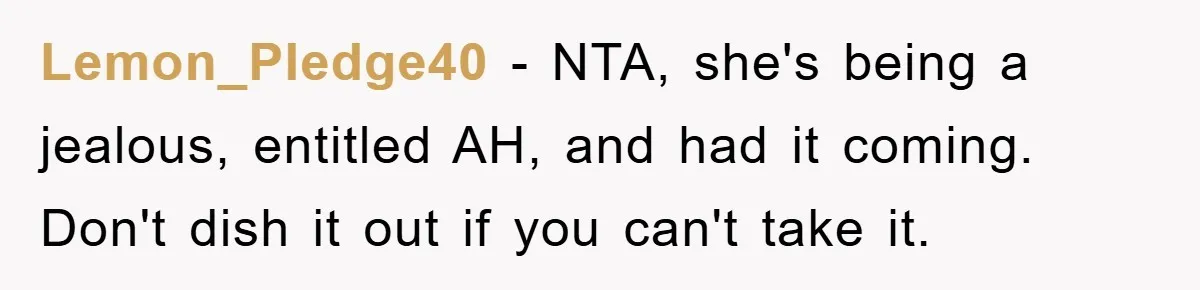 Woman’s Sister-In-Law Couldn’t Stop Making Snide Remarks, Until One Poolside Comment Went Too Far Lemon_Pledge40 − NTA, she's being a jealous, entitled AH, and had it coming. Don't dish it out if you can't take it.