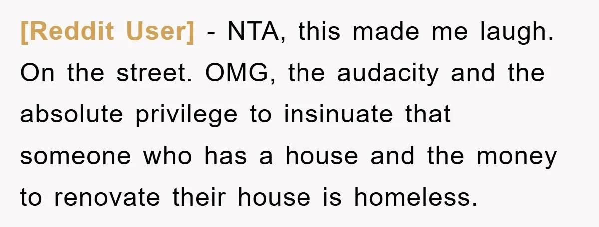 [Reddit User] − NTA, this made me laugh. On the street. OMG, the audacity and the absolute privilege to insinuate that someone who has a house and the money to...