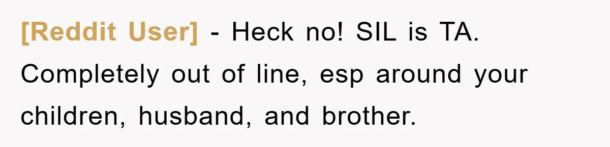 [Reddit User] − Heck no! SIL is TA. Completely out of line, esp around your children, husband, and brother.