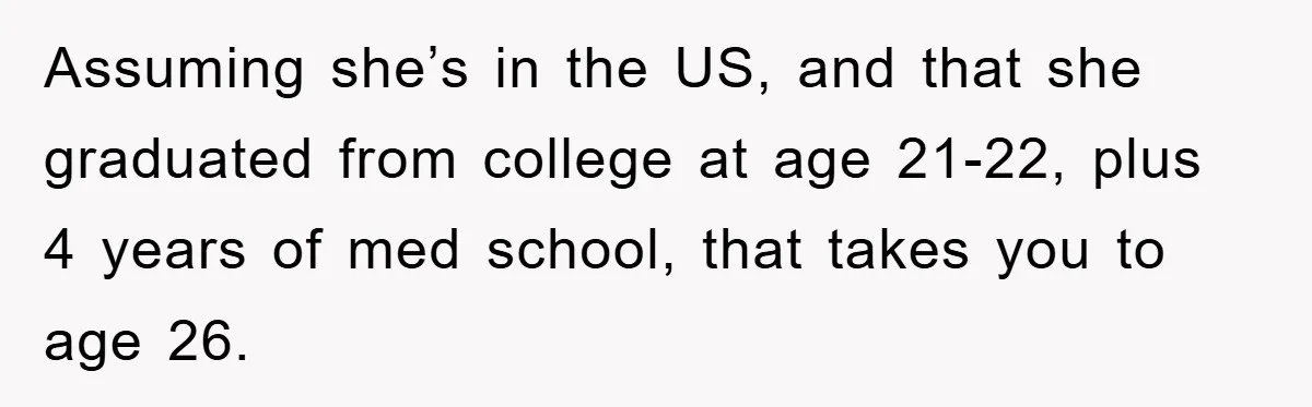 Woman’s Sister-In-Law Couldn’t Stop Making Snide Remarks, Until One Poolside Comment Went Too Far Assuming she’s in the US, and that she graduated from college at age 21-22, plus 4 years of med school, that takes you to age 26.
