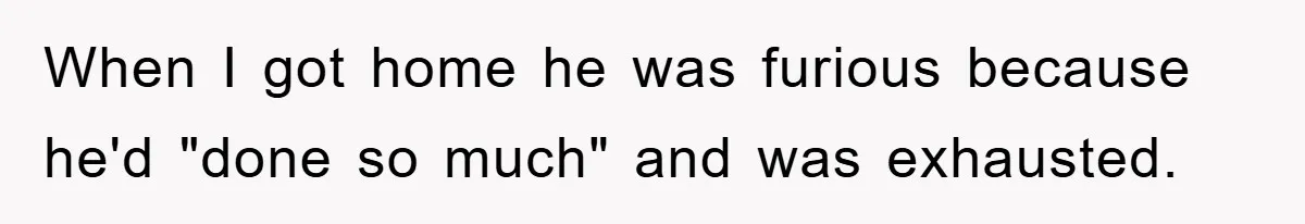 When I got home he was furious because he'd "done so much" and was exhausted.
