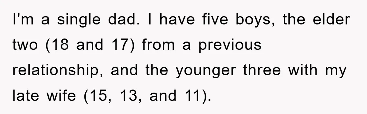 I'm a single dad. I have five boys, the elder two (18 and 17) from a previous relationship, and the younger three with my late wife (15, 13, and 11).