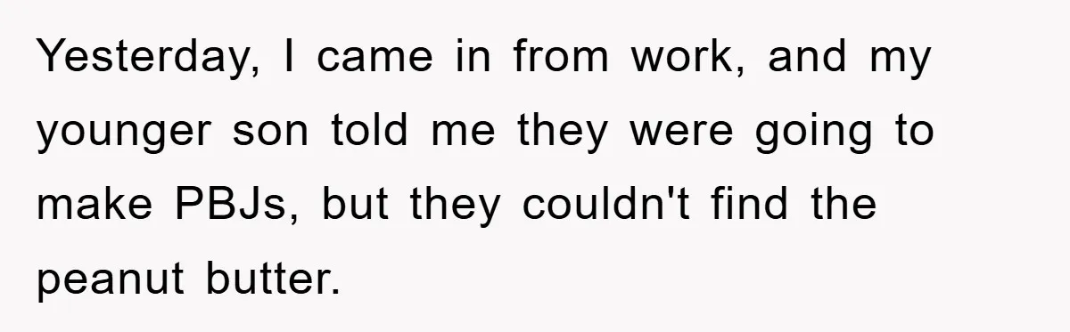 Yesterday, I came in from work, and my younger son told me they were going to make PBJs, but they couldn't find the peanut butter.
