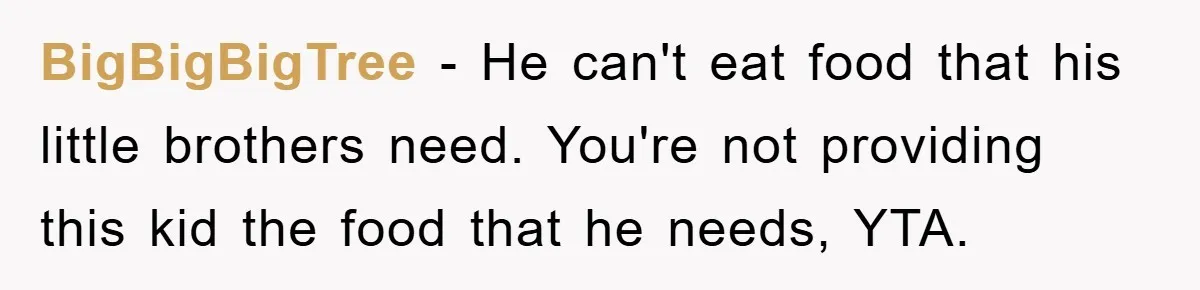 BigBigBigTree − He can't eat food that his little brothers need. You're not providing this kid the food that he needs, YTA.