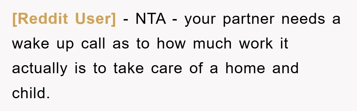 [Reddit User] − NTA - your partner needs a wake up call as to how much work it actually is to take care of a home and child.