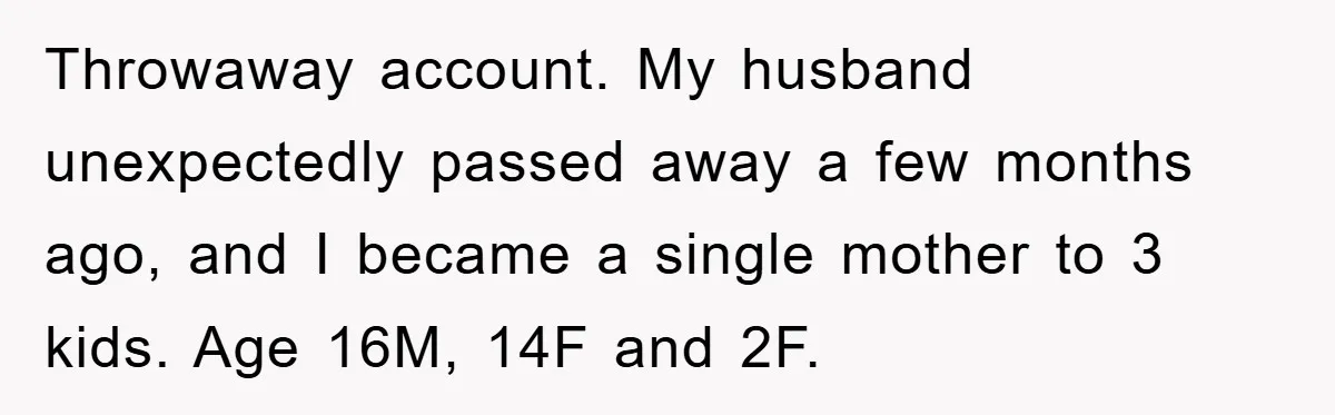 Throwaway account. My husband unexpectedly passed away a few months ago, and I became a single mother to 3 kids. Age 16M, 14F and 2F.