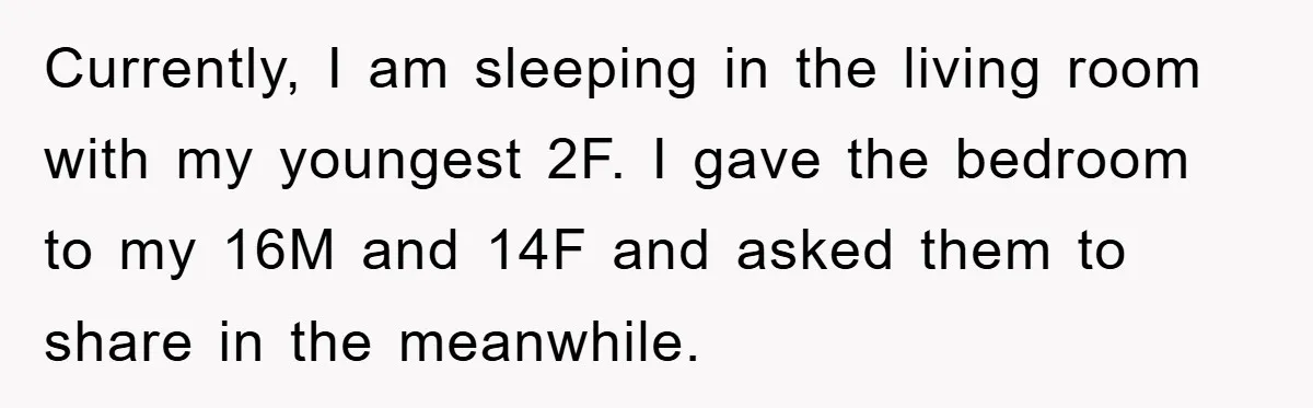 Currently, I am sleeping in the living room with my youngest 2F. I gave the bedroom to my 16M and 14F and asked them to share in the meanwhile.