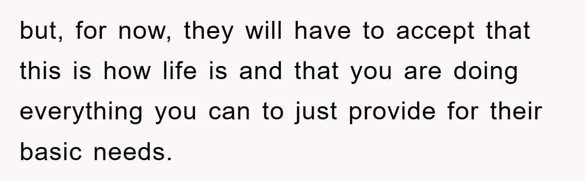 but, for now, they will have to accept that this is how life is and that you are doing everything you can to just provide for their basic needs.