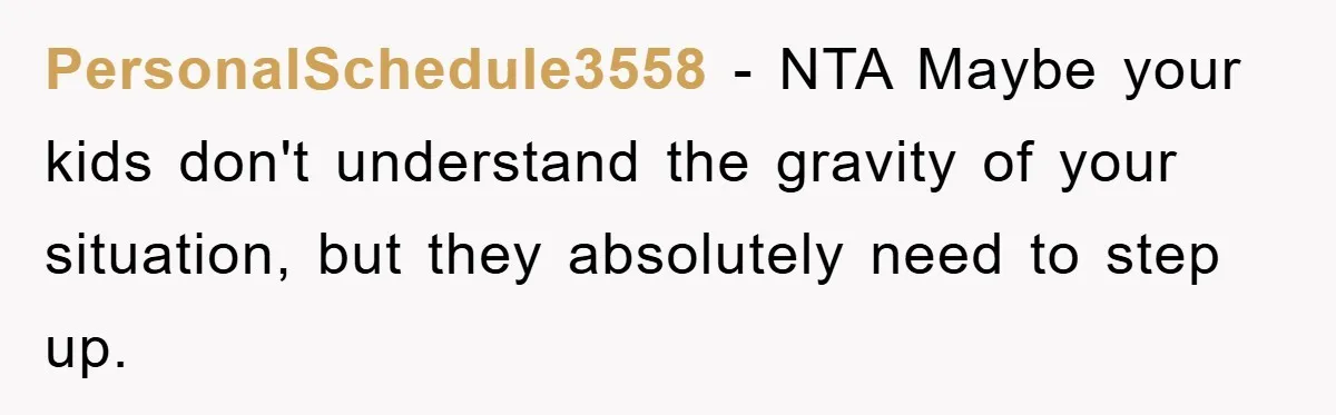 PersonalSchedule3558 − NTA Maybe your kids don't understand the gravity of your situation, but they absolutely need to step up.