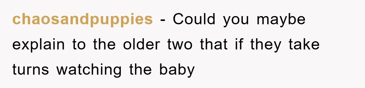 chaosandpuppies − Could you maybe explain to the older two that if they take turns watching the baby