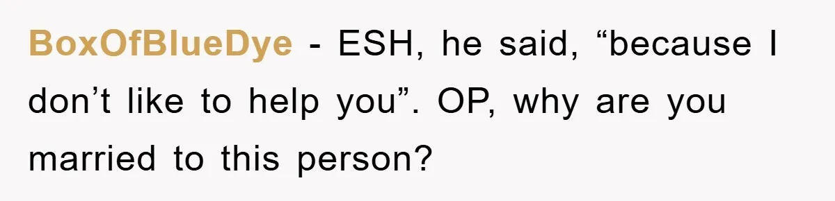 BoxOfBlueDye − ESH,​ he said, “because I don’t like to help you”. OP, why are you married to this person?