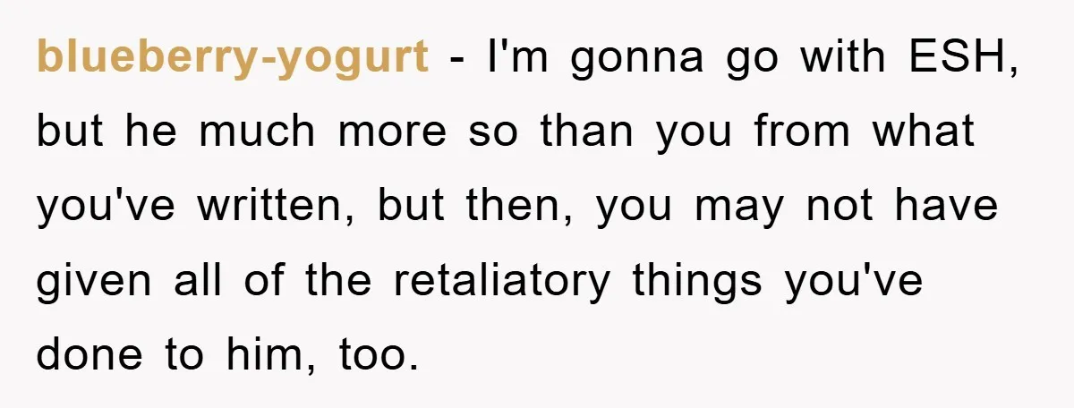 blueberry-yogurt − I'm gonna go with ESH, but he much more so than you from what you've written, but then, you may not have given all of the retaliatory things...