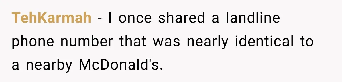 TehKarmah − I once shared a landline phone number that was nearly identical to a nearby McDonald's.