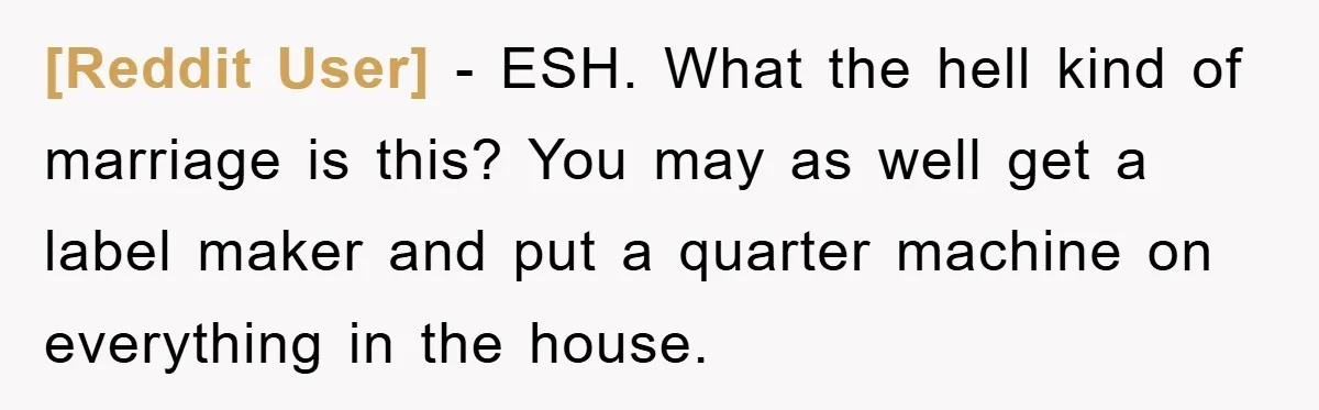 [Reddit User] − ESH. What the hell kind of marriage is this? You may as well get a label maker and put a quarter machine on everything in the house.