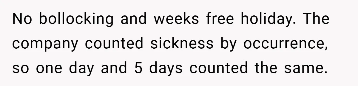 No bollocking and weeks free holiday. The company counted sickness by occurrence, so one day and 5 days counted the same.