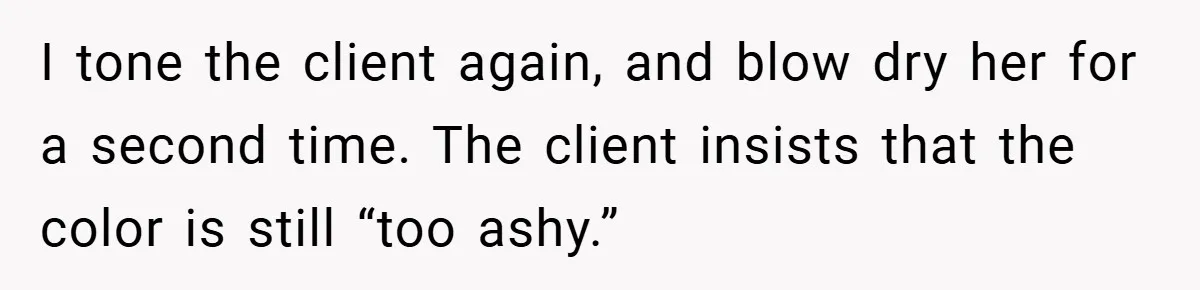 I tone the client again, and blow dry her for a second time. The client insists that the color is still “too ashy.”