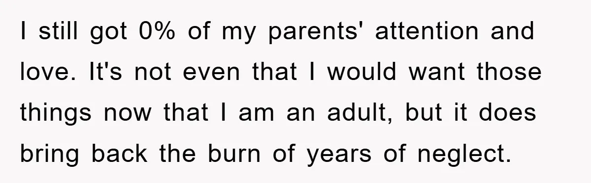 I still got 0% of my parents' attention and love. It's not even that I would want those things now that I am an adult, but it does bring back...