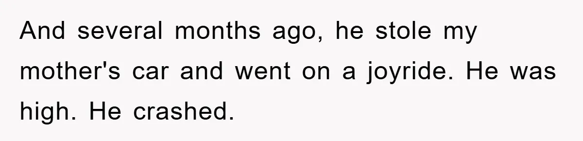 And several months ago, he stole my mother's car and went on a joyride. He was high. He crashed.