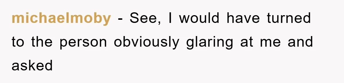 michaelmoby − See, I would have turned to the person obviously glaring at me and asked