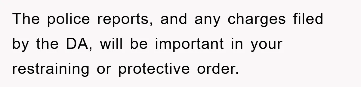The police reports, and any charges filed by the DA, will be important in your restraining or protective order.
