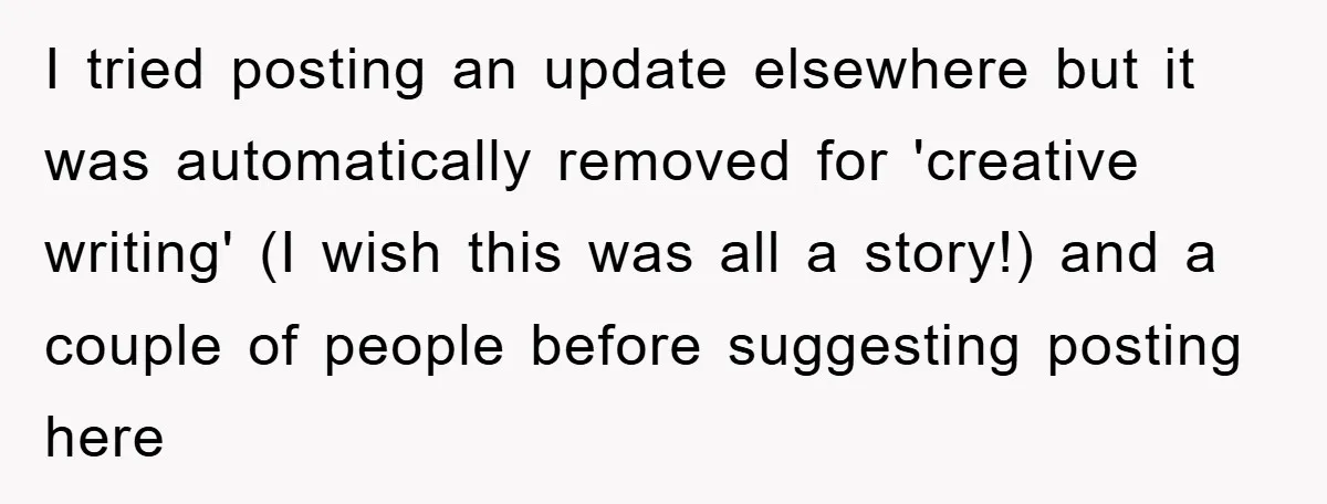 I tried posting an update elsewhere but it was automatically removed for 'creative writing' (I wish this was all a story!) and a couple of people before suggesting posting here